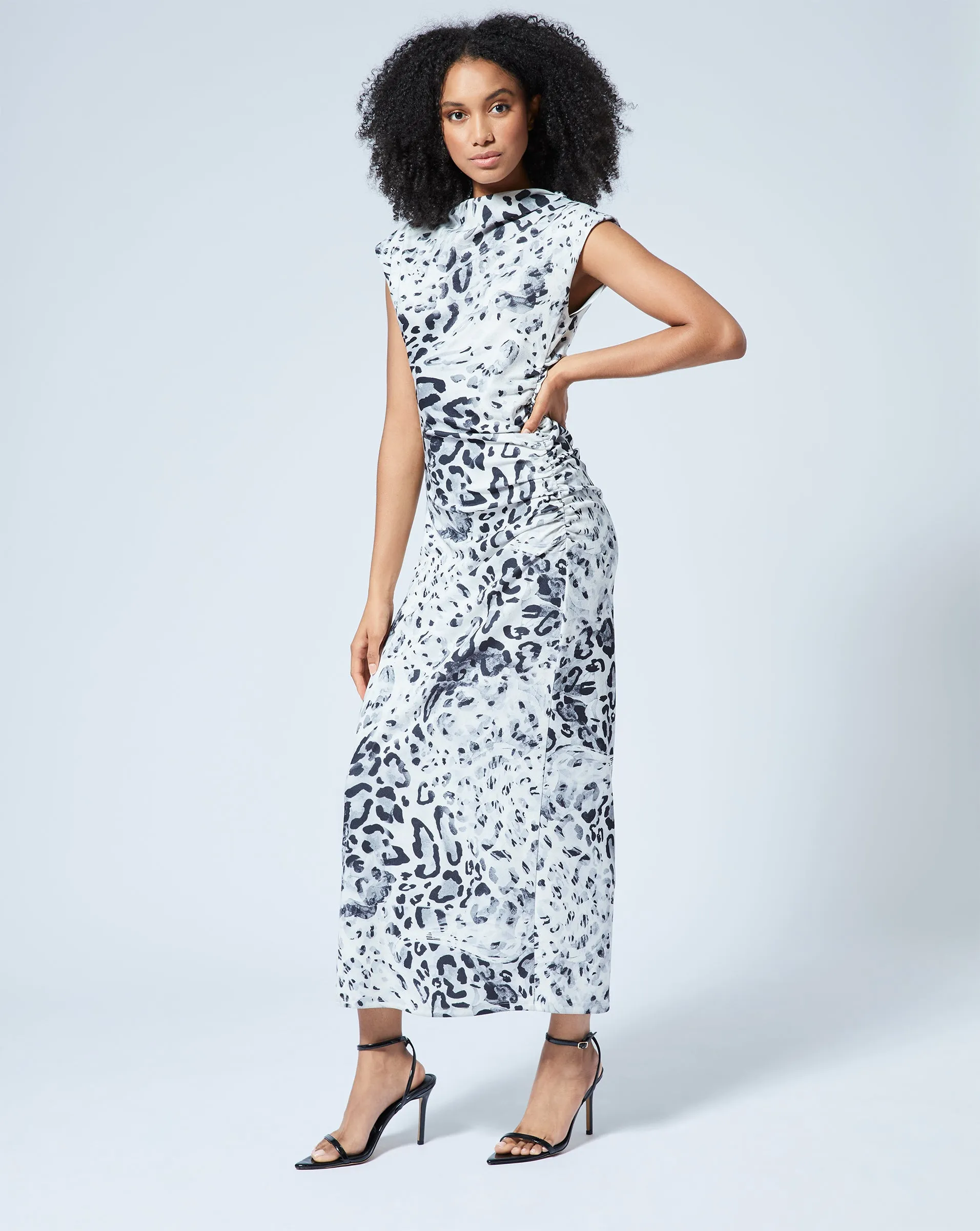 Draped Mock Neck Midi Dress