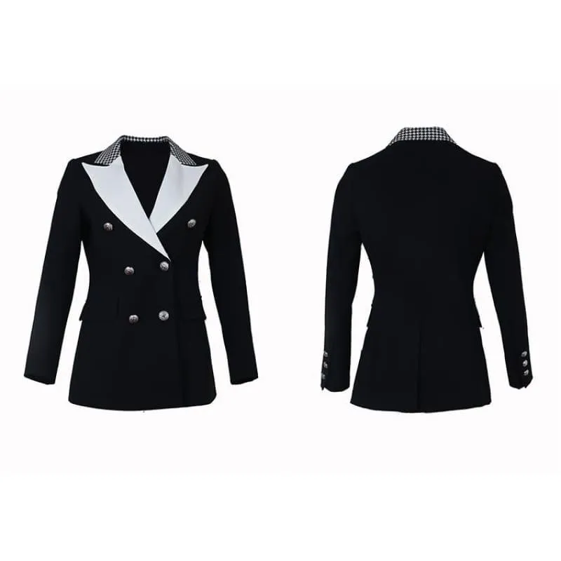 Elegant Black and White Double Breasted Women Tuxedo Blazer Jackets