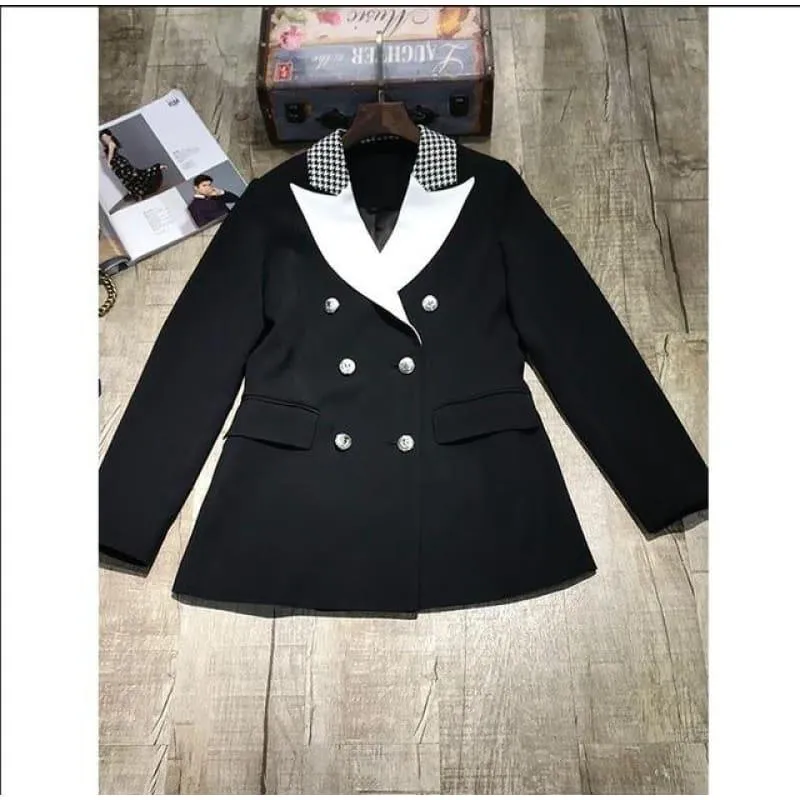 Elegant Black and White Double Breasted Women Tuxedo Blazer Jackets