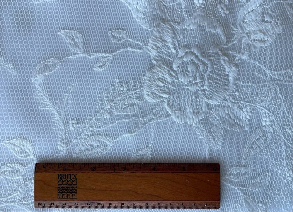 Embroidered Glorious Cloud White Flowers Nylon Scuba Mesh