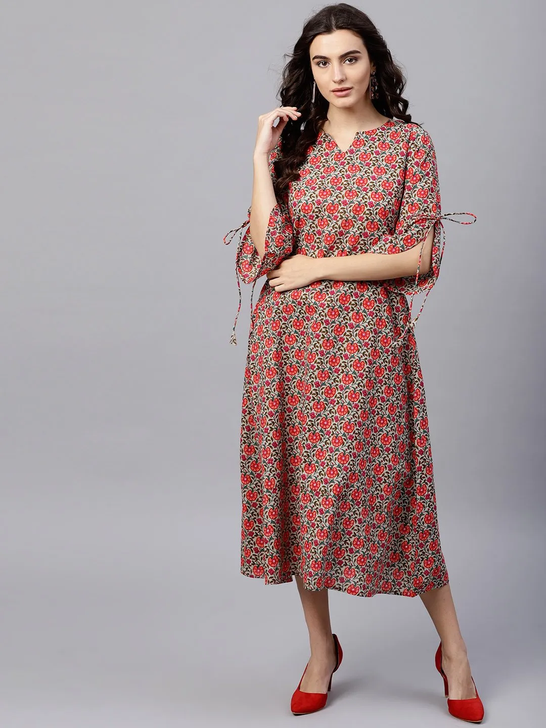 Floral multi Printed A-Line Kurta with Keyhole neck and 3/4 sleeves