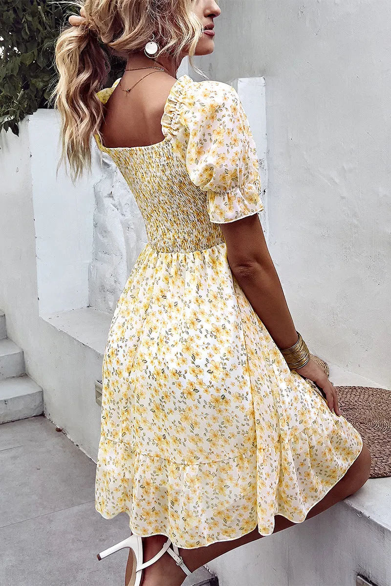 Floral Smocked Square Neck Flounce Sleeve Dress