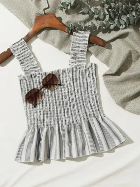 Frill Trim Shirred Striped Peplum Top