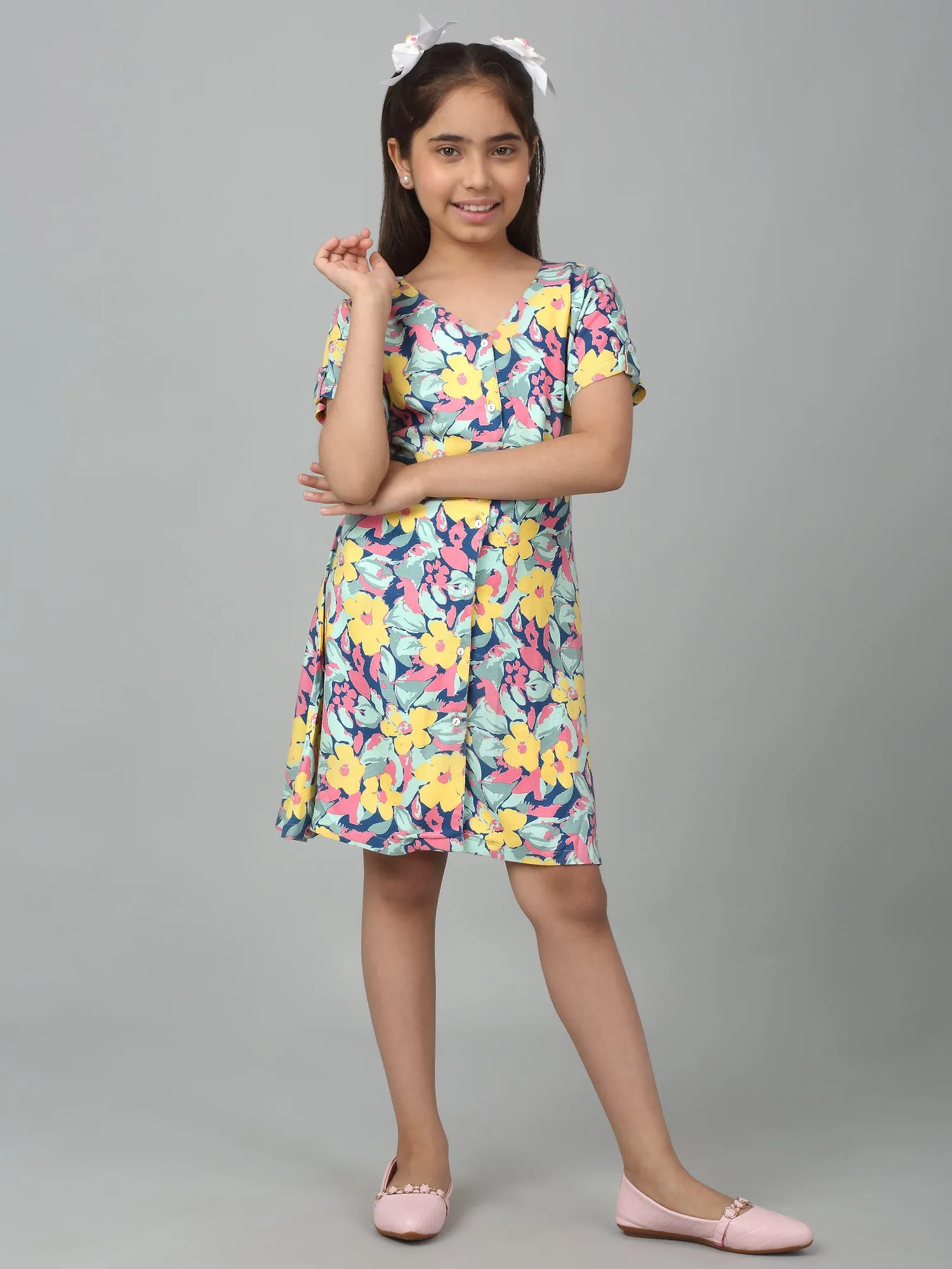 Girls Multicolor Half Sleeves Floral Print Dress