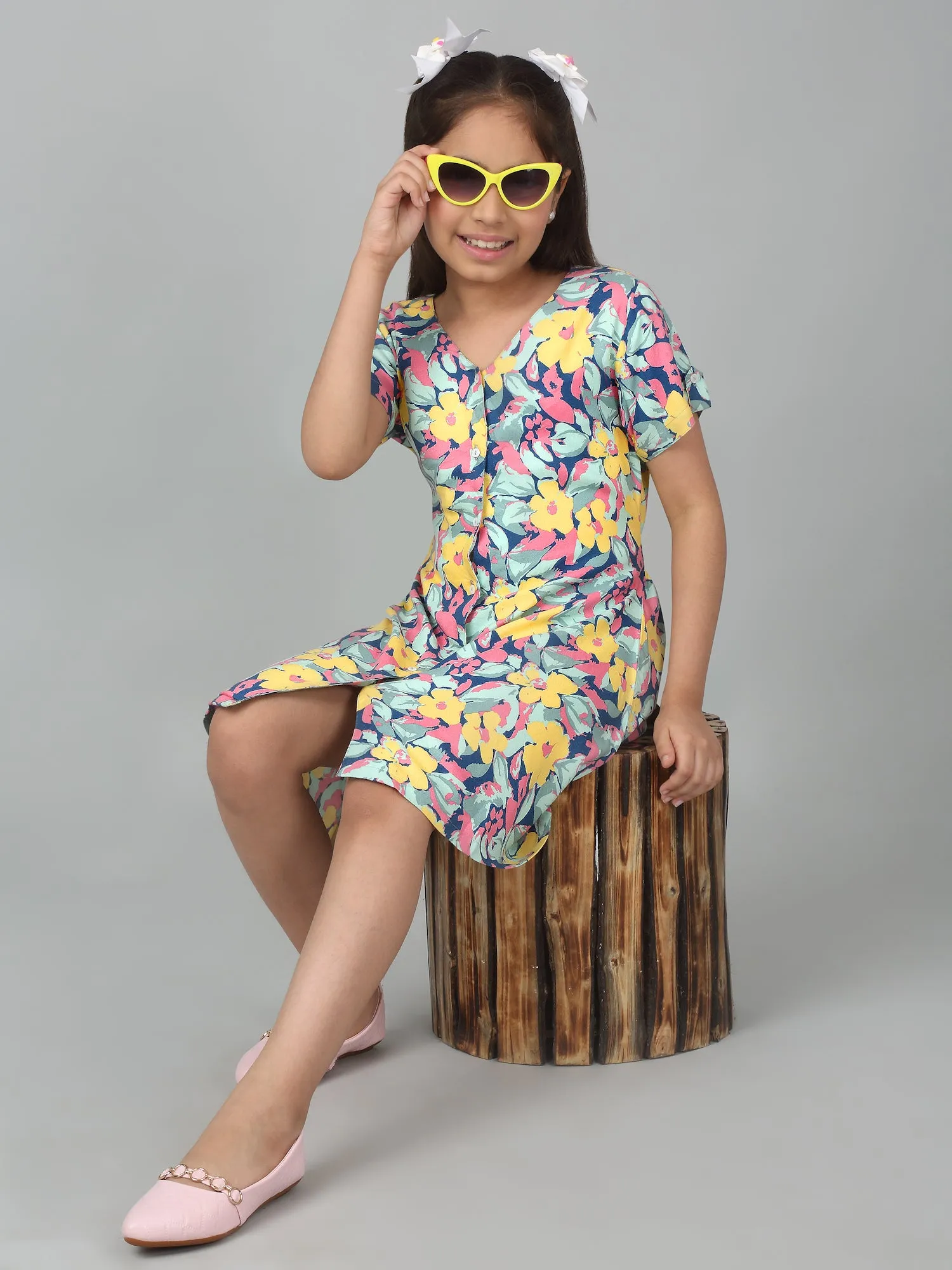 Girls Multicolor Half Sleeves Floral Print Dress