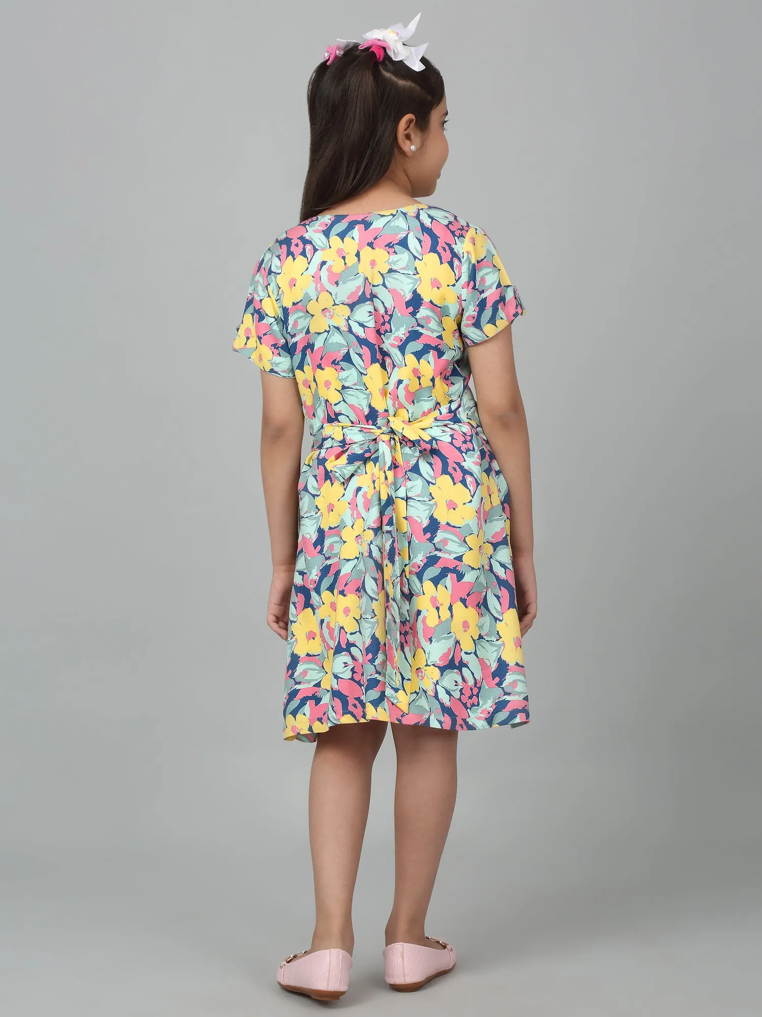 Girls Multicolor Half Sleeves Floral Print Dress