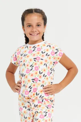 Girls White Floral Printed T-Shirt