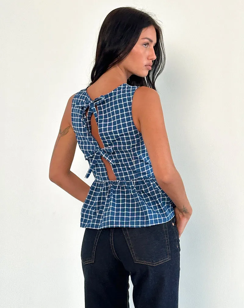 Lanzo Tie Back Top in Poplin Navy Tartan