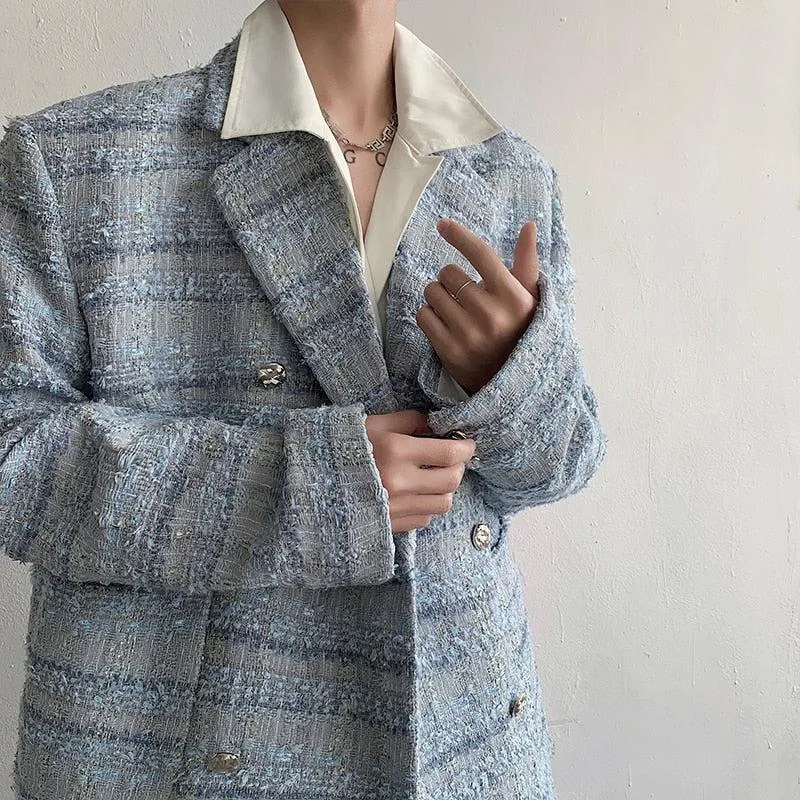 Lapel Collar Blue Tweed Blazer