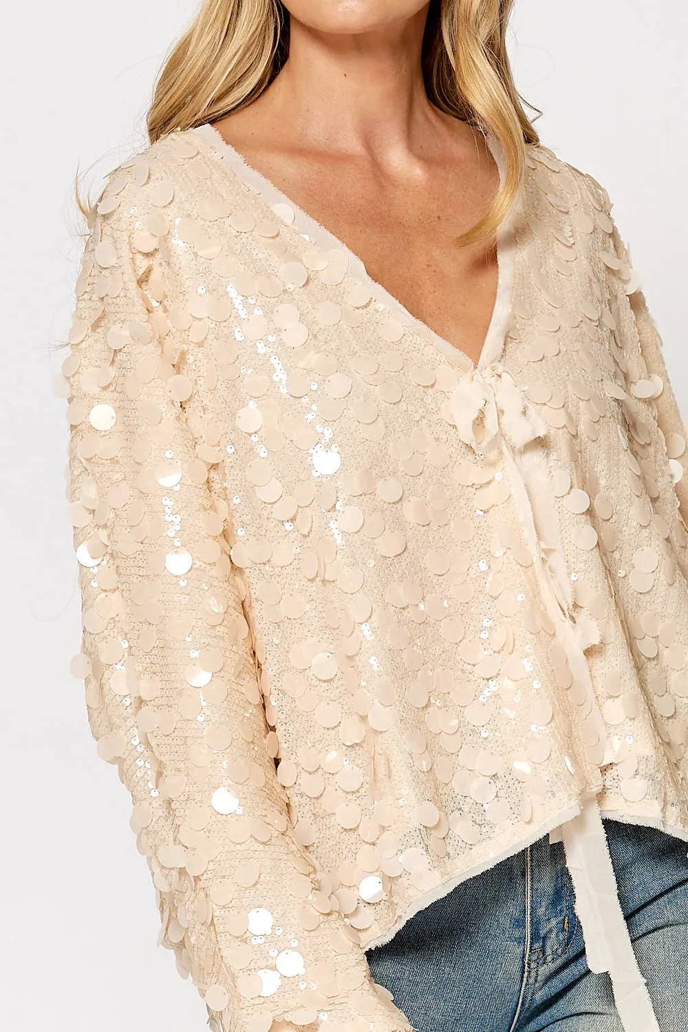 LONG SLEEVE SEQUIN TIE FRONT TOP