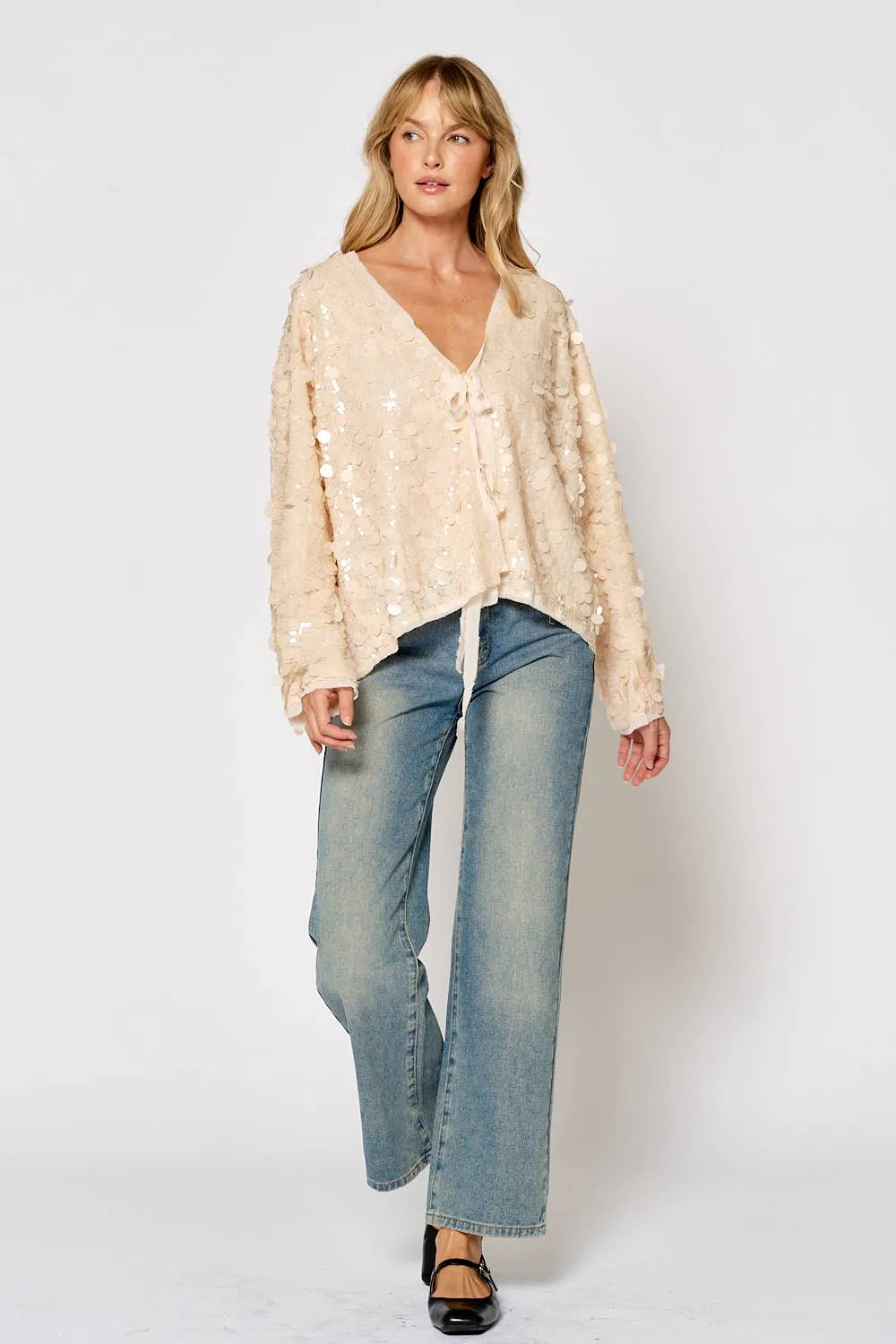 LONG SLEEVE SEQUIN TIE FRONT TOP