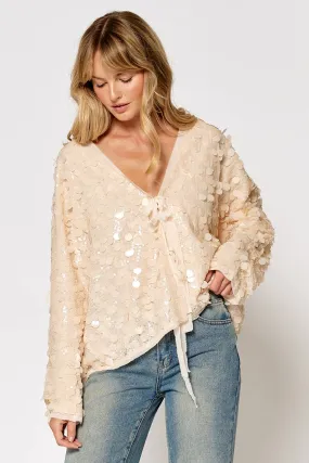 LONG SLEEVE SEQUIN TIE FRONT TOP