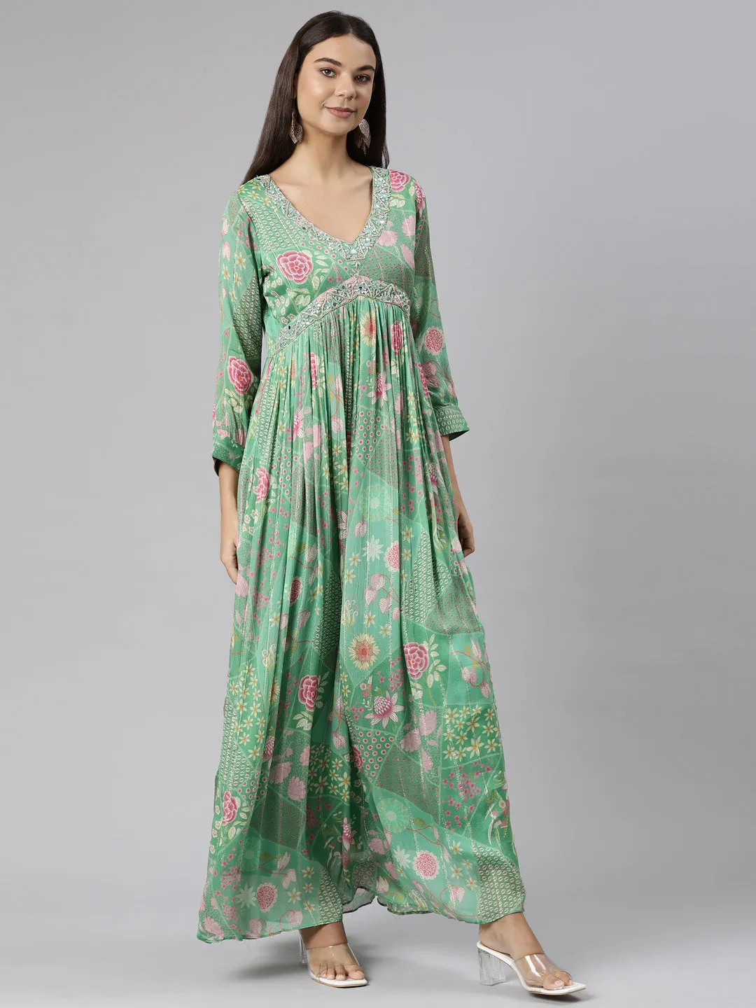 Neeru's Green Flared Casual Floral Dresses