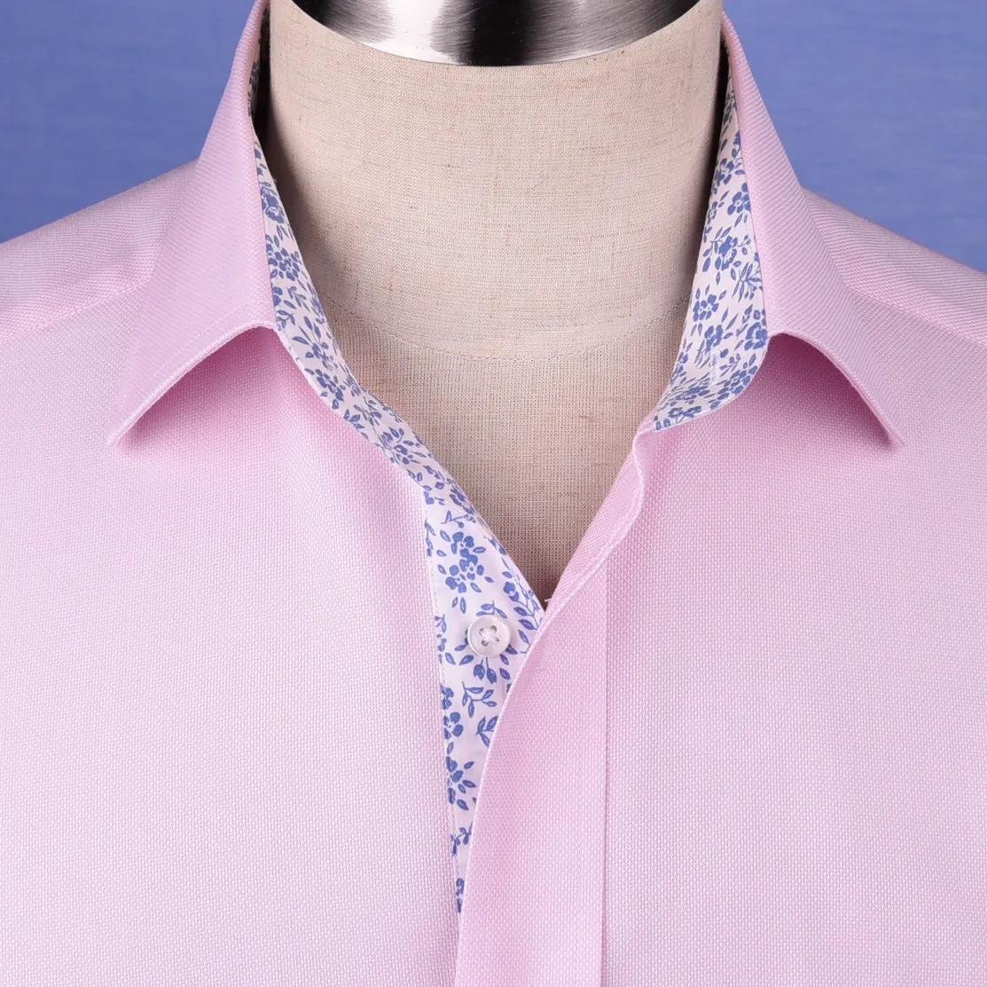 Pink Oxford Floral Inner Lining Formal Dress Shirt Sexy Business Formal Attire in Single Button Cuffs