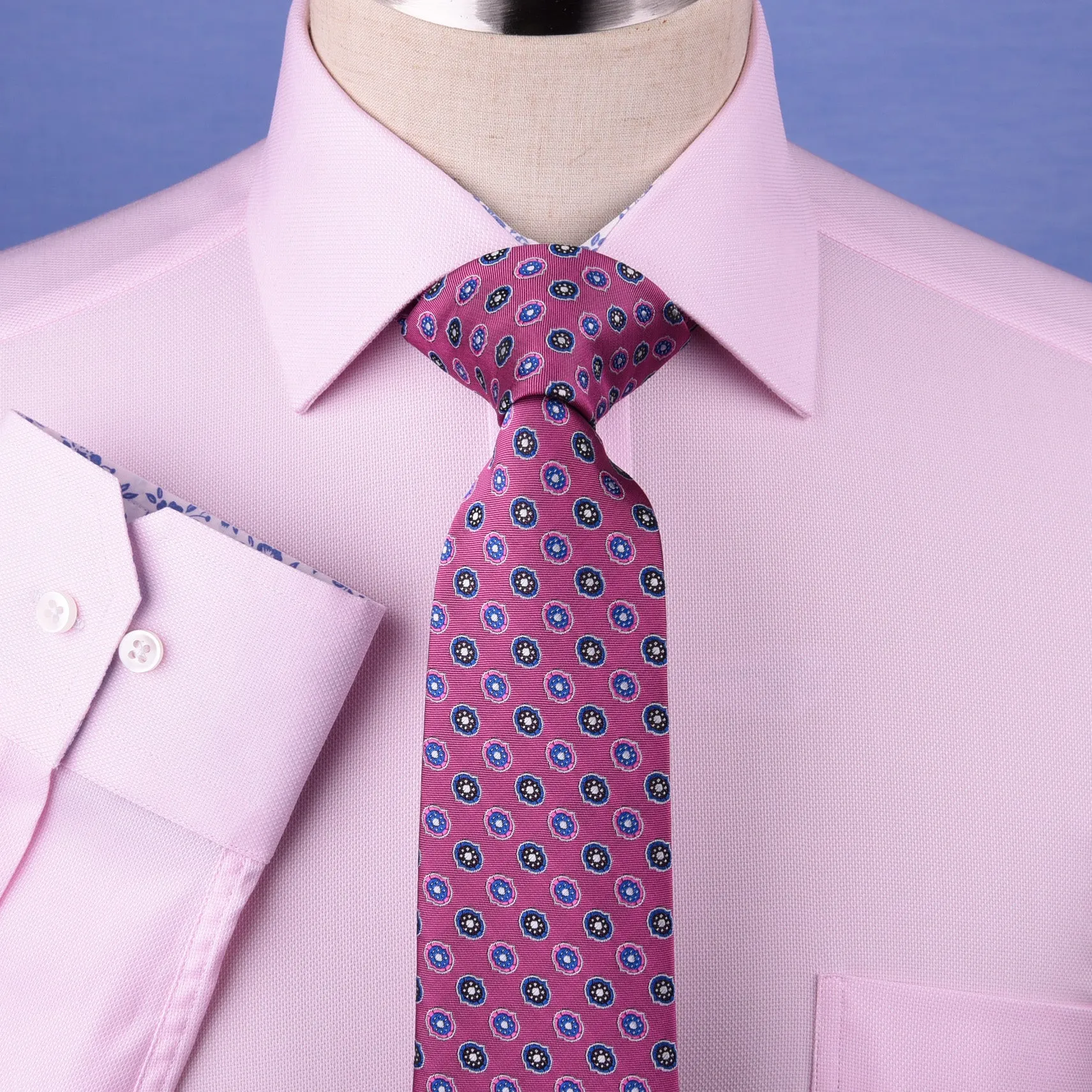 Pink Oxford Floral Inner Lining Formal Dress Shirt Sexy Business Formal Attire in Single Button Cuffs