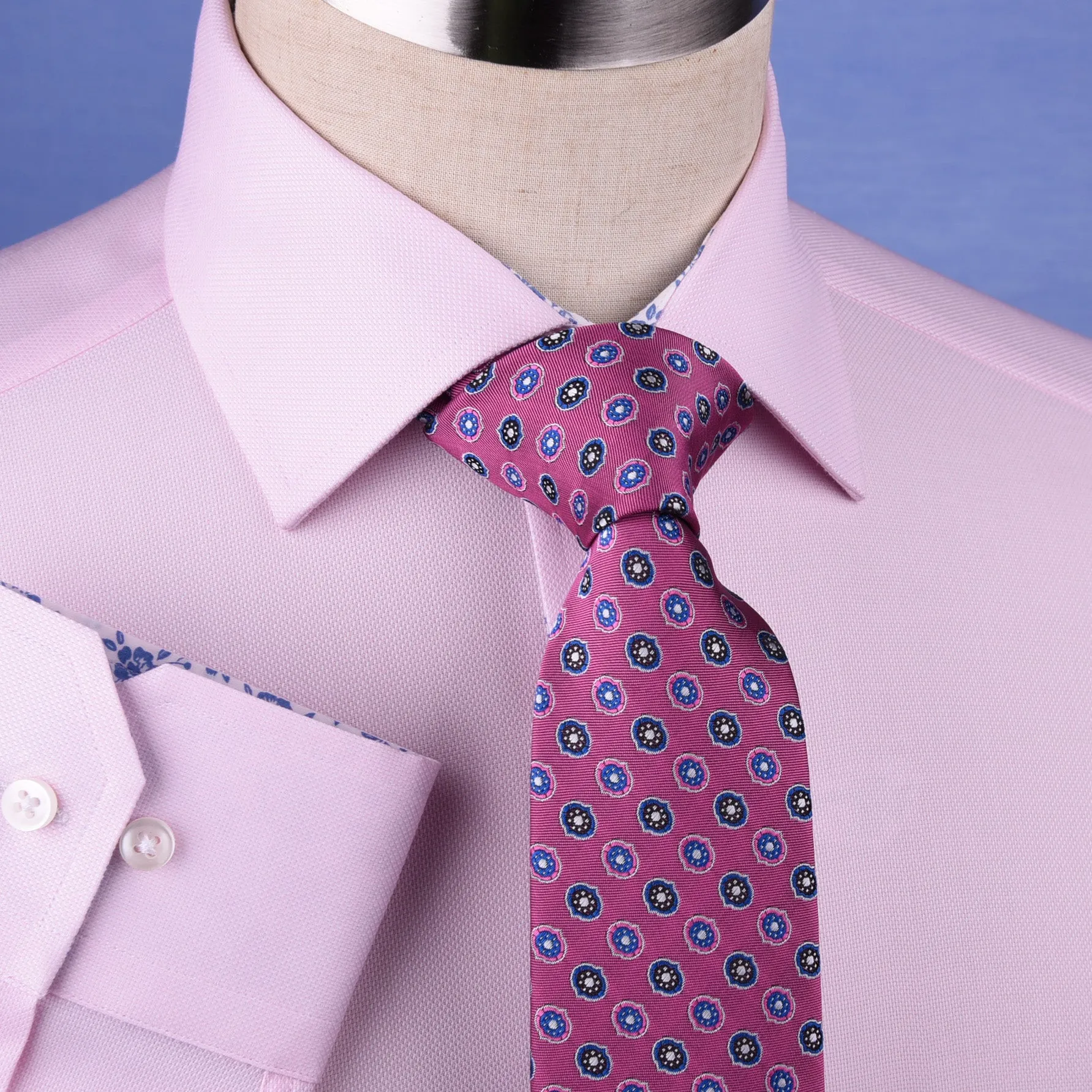 Pink Oxford Floral Inner Lining Formal Dress Shirt Sexy Business Formal Attire in Single Button Cuffs