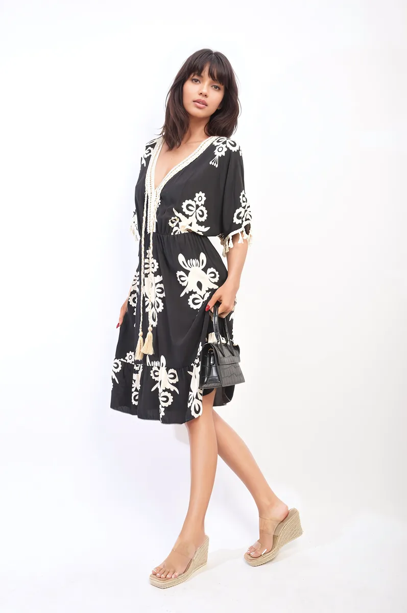 Printed V-Neck Short Sleeve Midi Dress with Tassel Detail