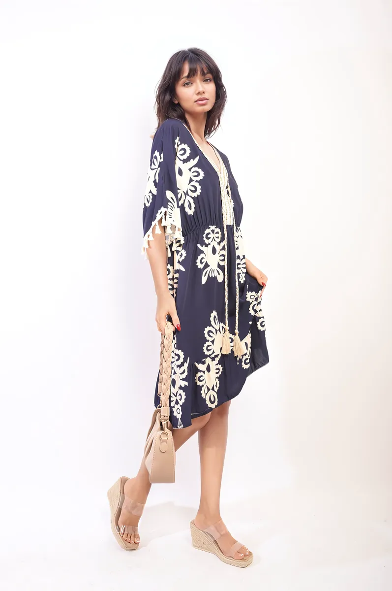 Printed V-Neck Short Sleeve Midi Dress with Tassel Detail