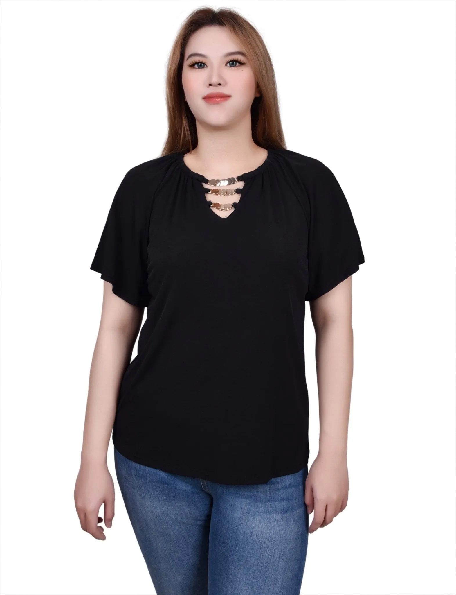 Raglan Sleeve Top With Chain Details - Petite