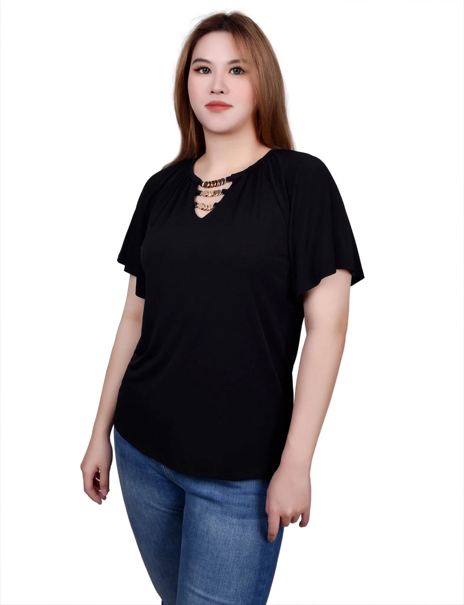 Raglan Sleeve Top With Chain Details - Petite