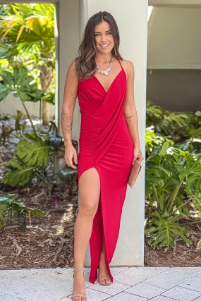 Red Draped Maxi Dress