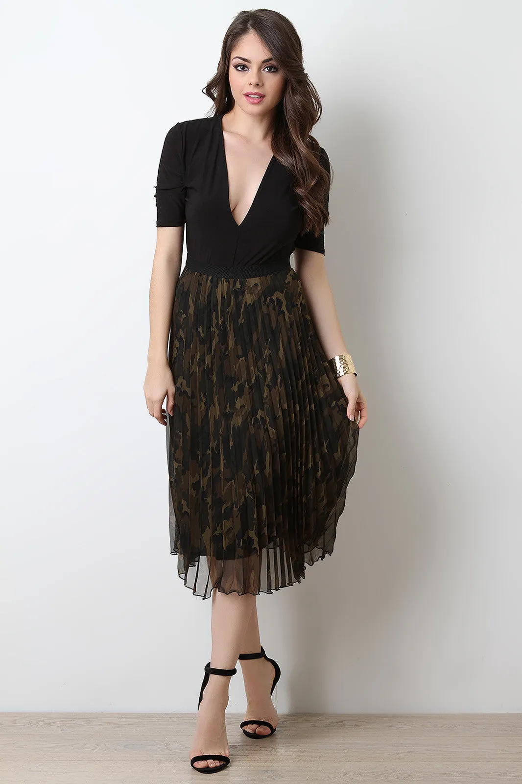 Semi Sheer Tulle Pleated Camouflage Midi Skirt