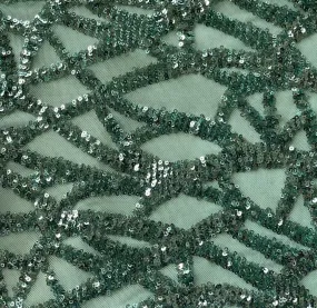 Sequined Minty Seaweed Fronds Stretch Nylon Blend Mesh (Made in Korea)