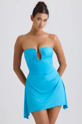 Slinky Jersey Draped A-Line Mini Dress in Aqua Blue