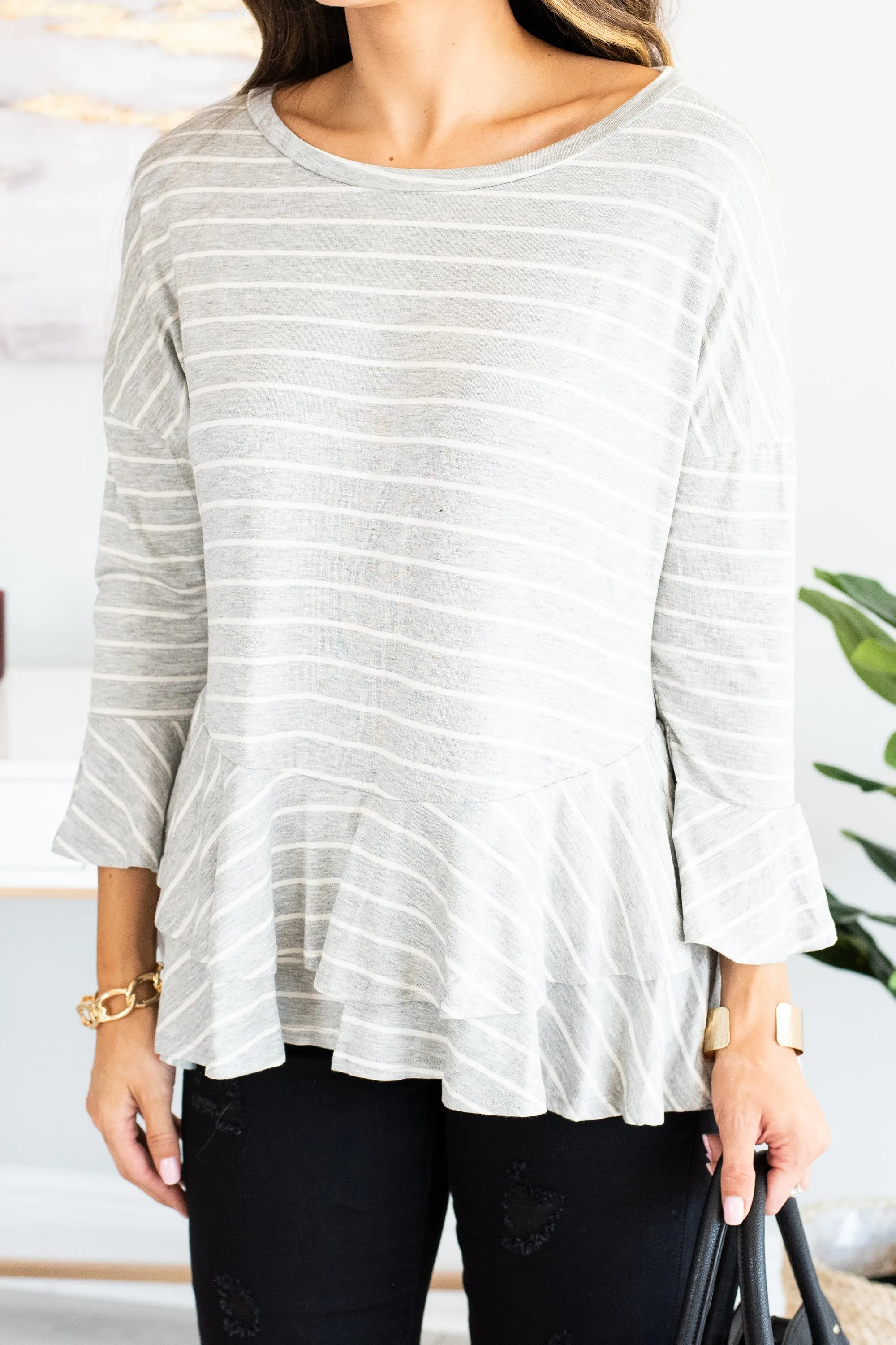 Steady As She Goes Gray-White Striped Top