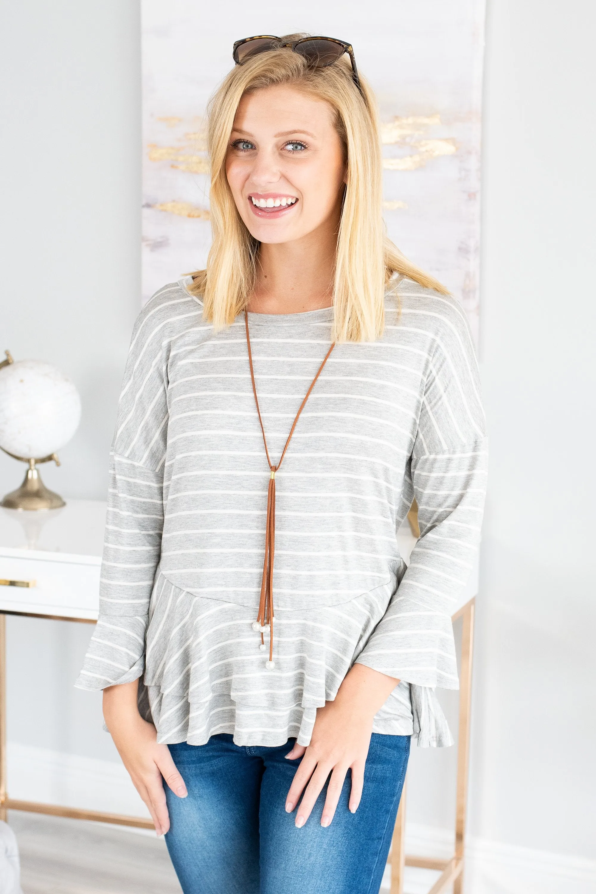 Steady As She Goes Gray-White Striped Top