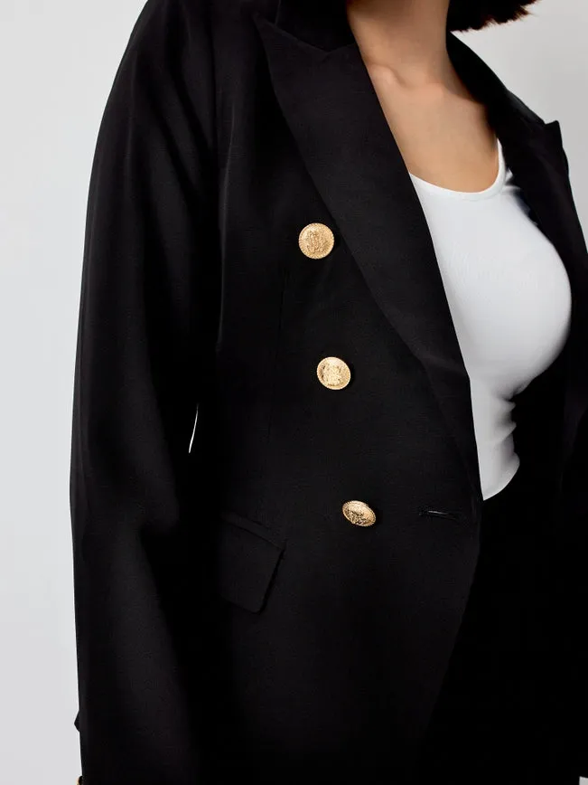 Timeless Fitted Blazer Jacket with Gold Double-Breasted Buttons Black