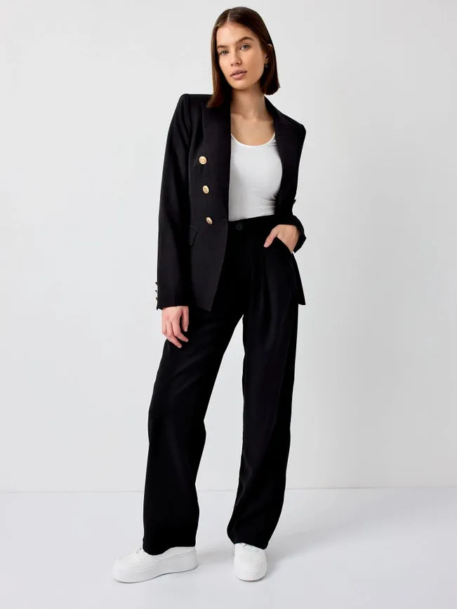 Timeless Fitted Blazer Jacket with Gold Double-Breasted Buttons Black