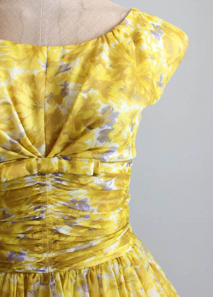 Vintage 1950s Yellow Floral Chiffon Party Dress