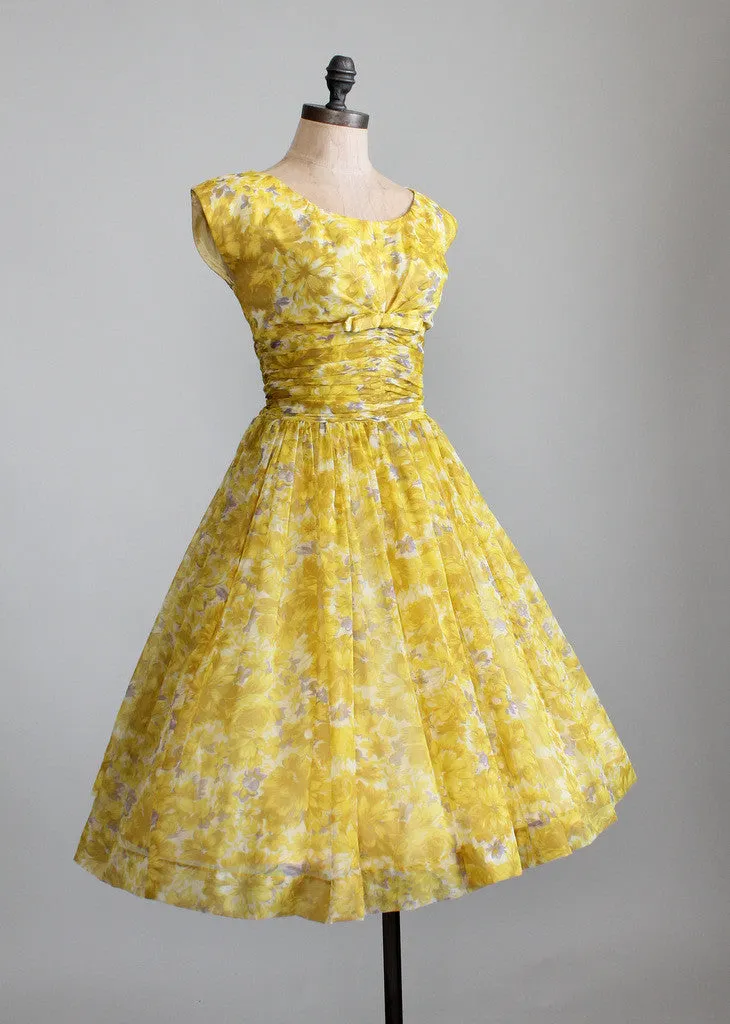 Vintage 1950s Yellow Floral Chiffon Party Dress