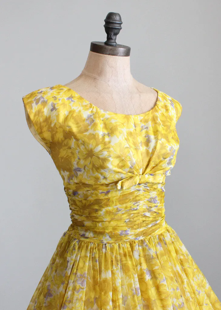 Vintage 1950s Yellow Floral Chiffon Party Dress