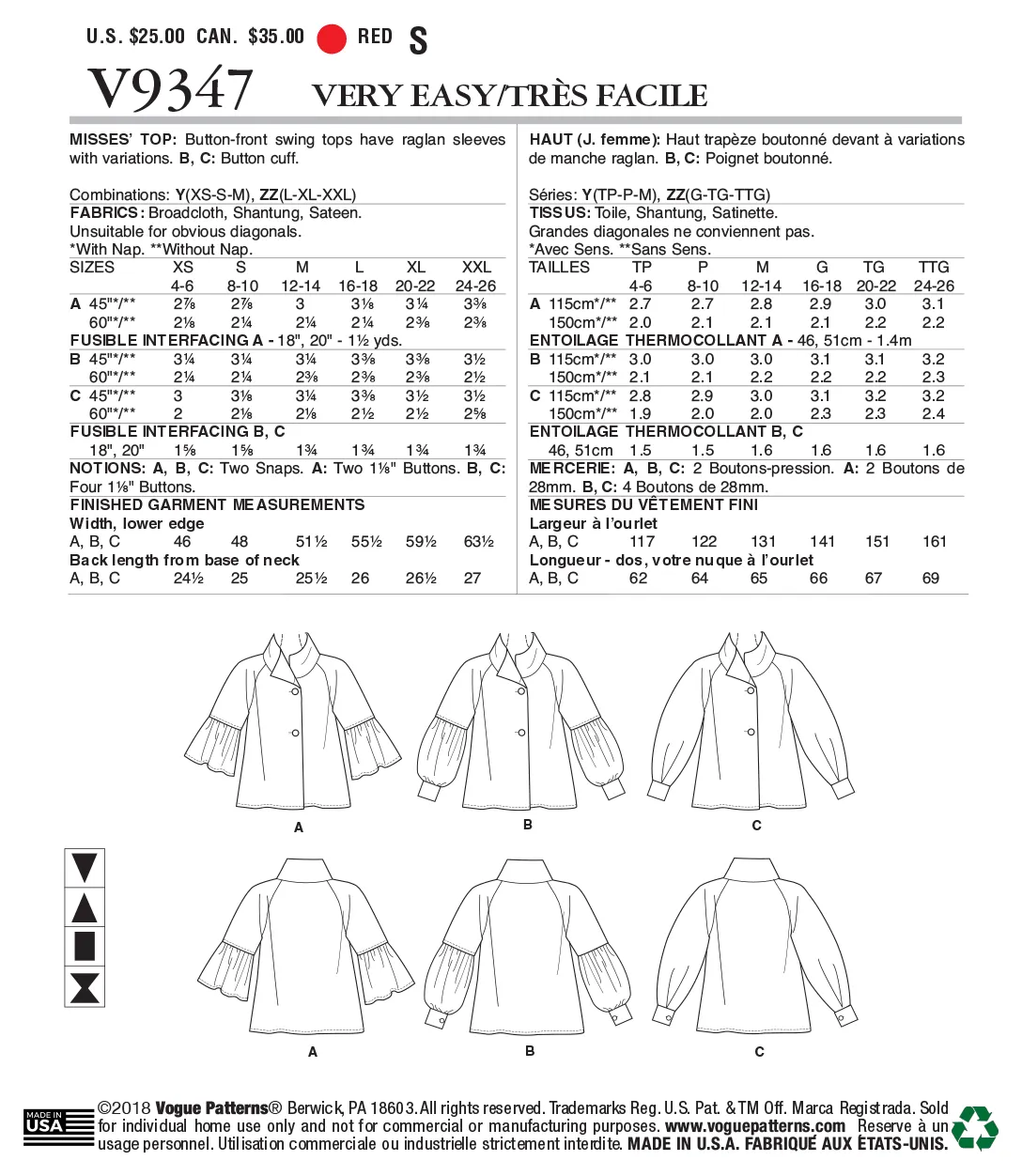 Vogue Pattern V9347 Misses' Top