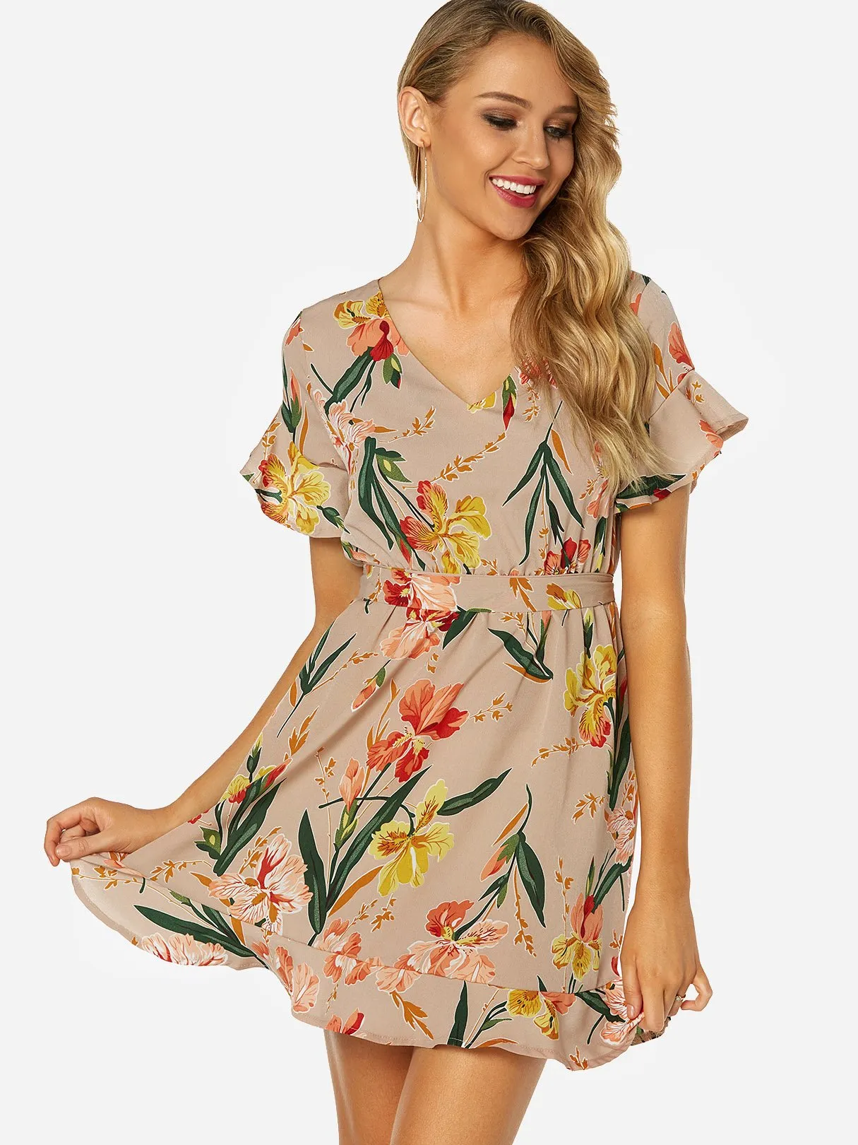 Wholesale Beige V-Neck Short Sleeve Floral Print Belt Self-Tie Flounced Hem Dresses