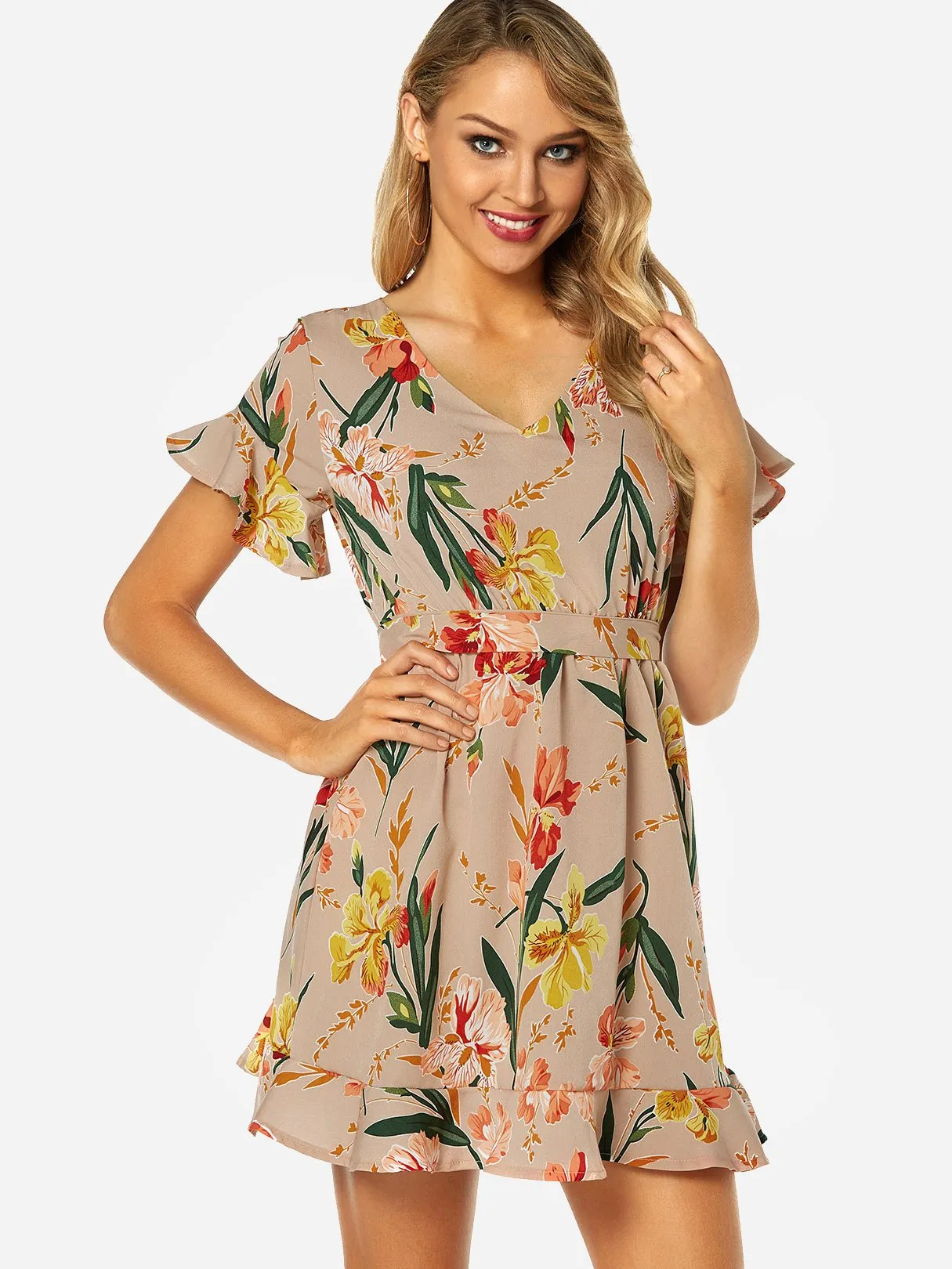 Wholesale Beige V-Neck Short Sleeve Floral Print Belt Self-Tie Flounced Hem Dresses