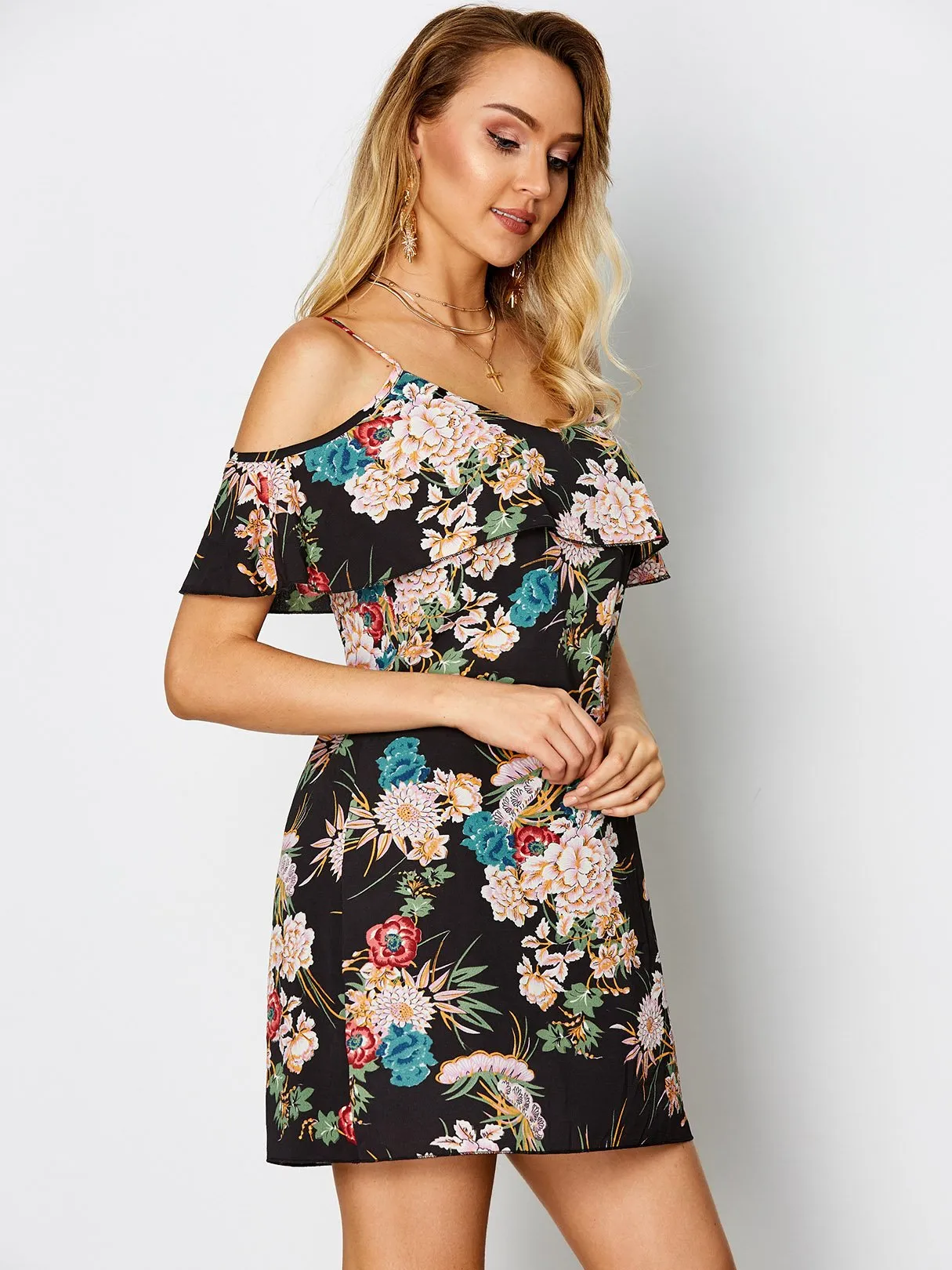 Wholesale Black Cold Shoulder Sleeveless Floral Print Spaghetti Strap Dresses