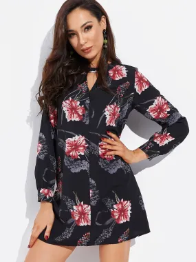 Wholesale Black Crew Neck Long Sleeve Floral Print Cut Out Dresses