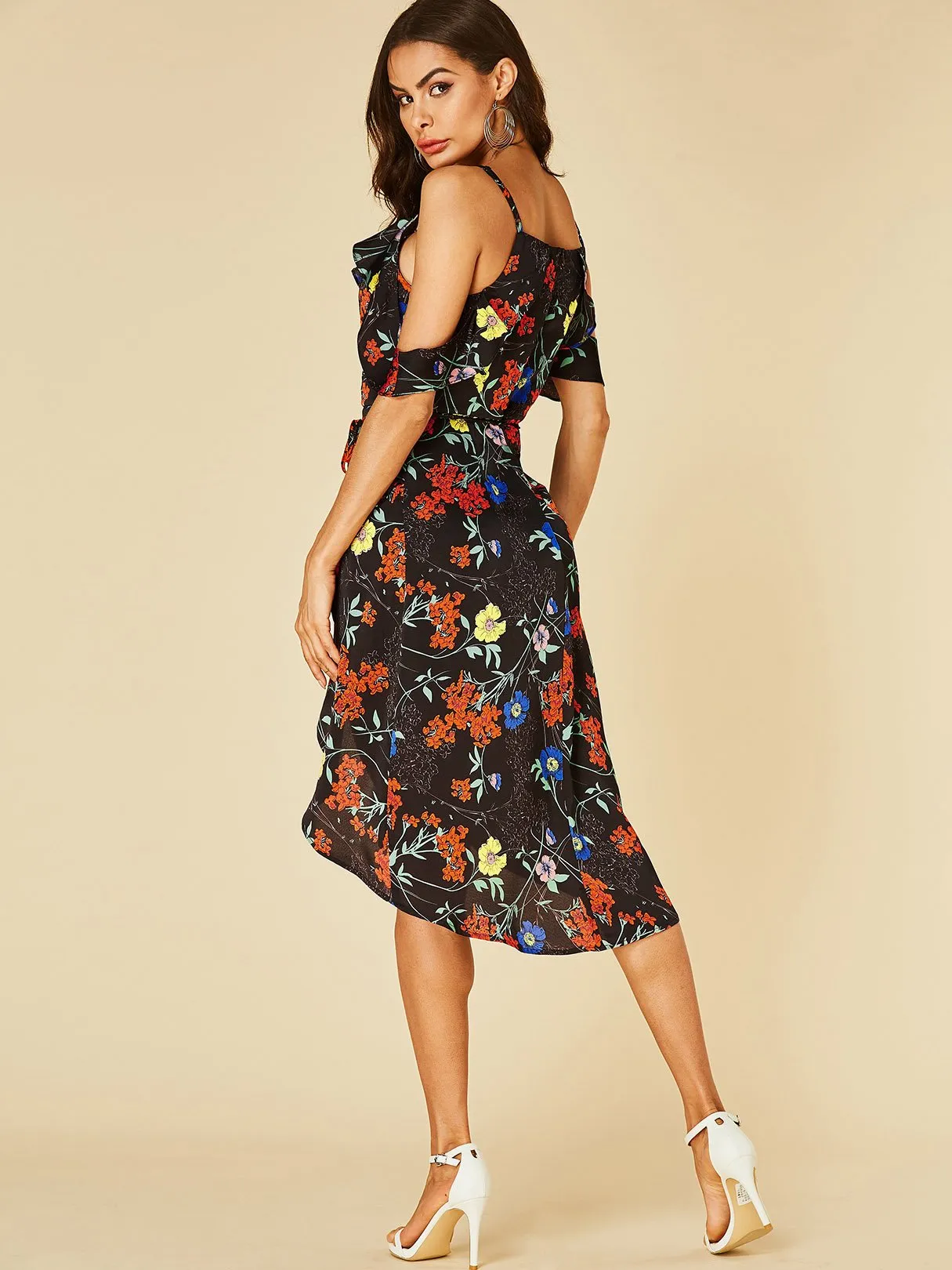 Wholesale Black Round Neck Cold Shoulder Sleeveless Floral Print Spaghetti Strap Self-Tie Slit Hem Dresses