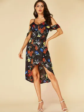 Wholesale Black Round Neck Cold Shoulder Sleeveless Floral Print Spaghetti Strap Self-Tie Slit Hem Dresses