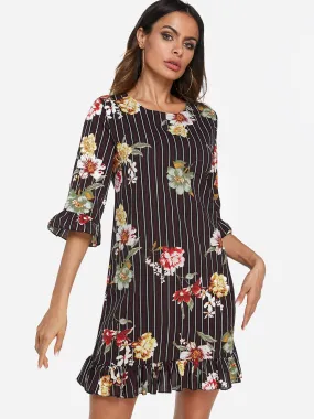 Wholesale Black Round Neck Half Sleeve Stripe Floral Print Zip Back Flounced Hem Dresses