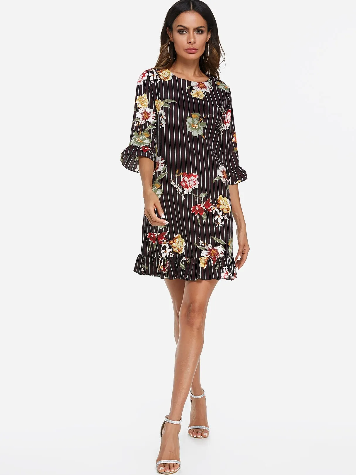 Wholesale Black Round Neck Half Sleeve Stripe Floral Print Zip Back Flounced Hem Dresses