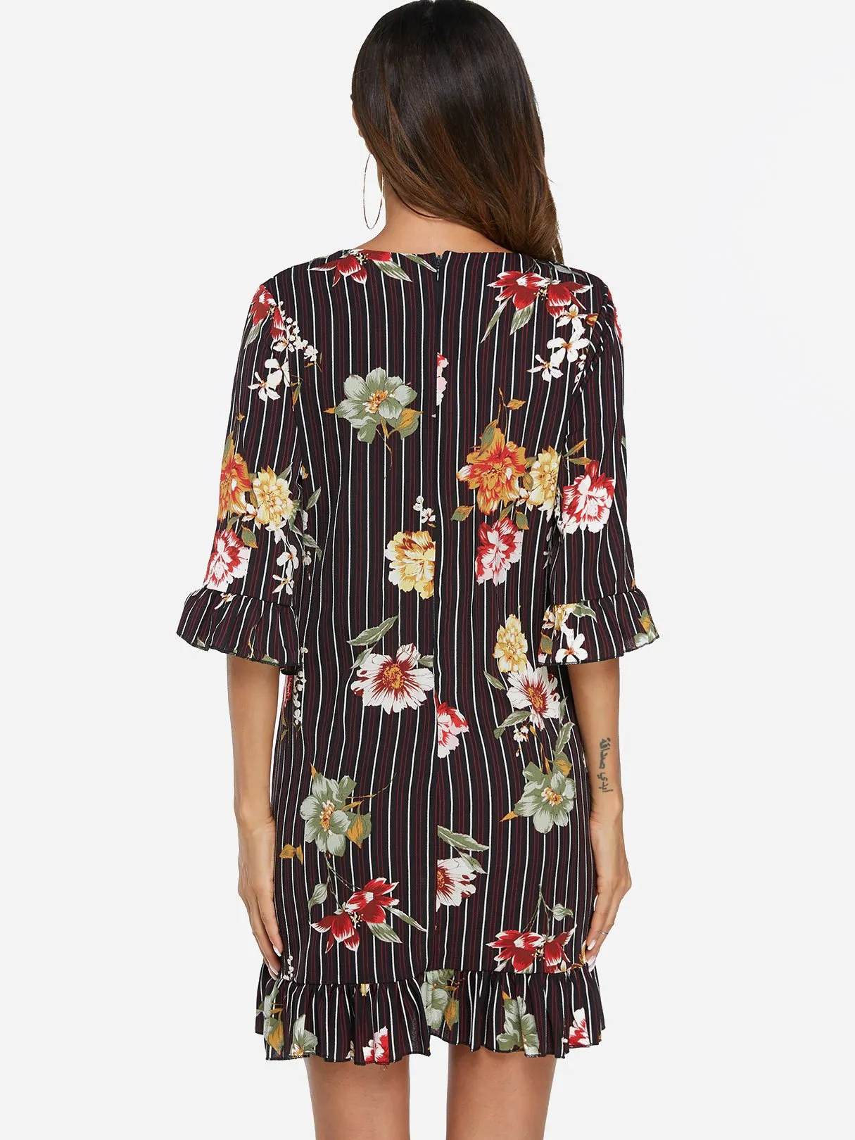 Wholesale Black Round Neck Half Sleeve Stripe Floral Print Zip Back Flounced Hem Dresses