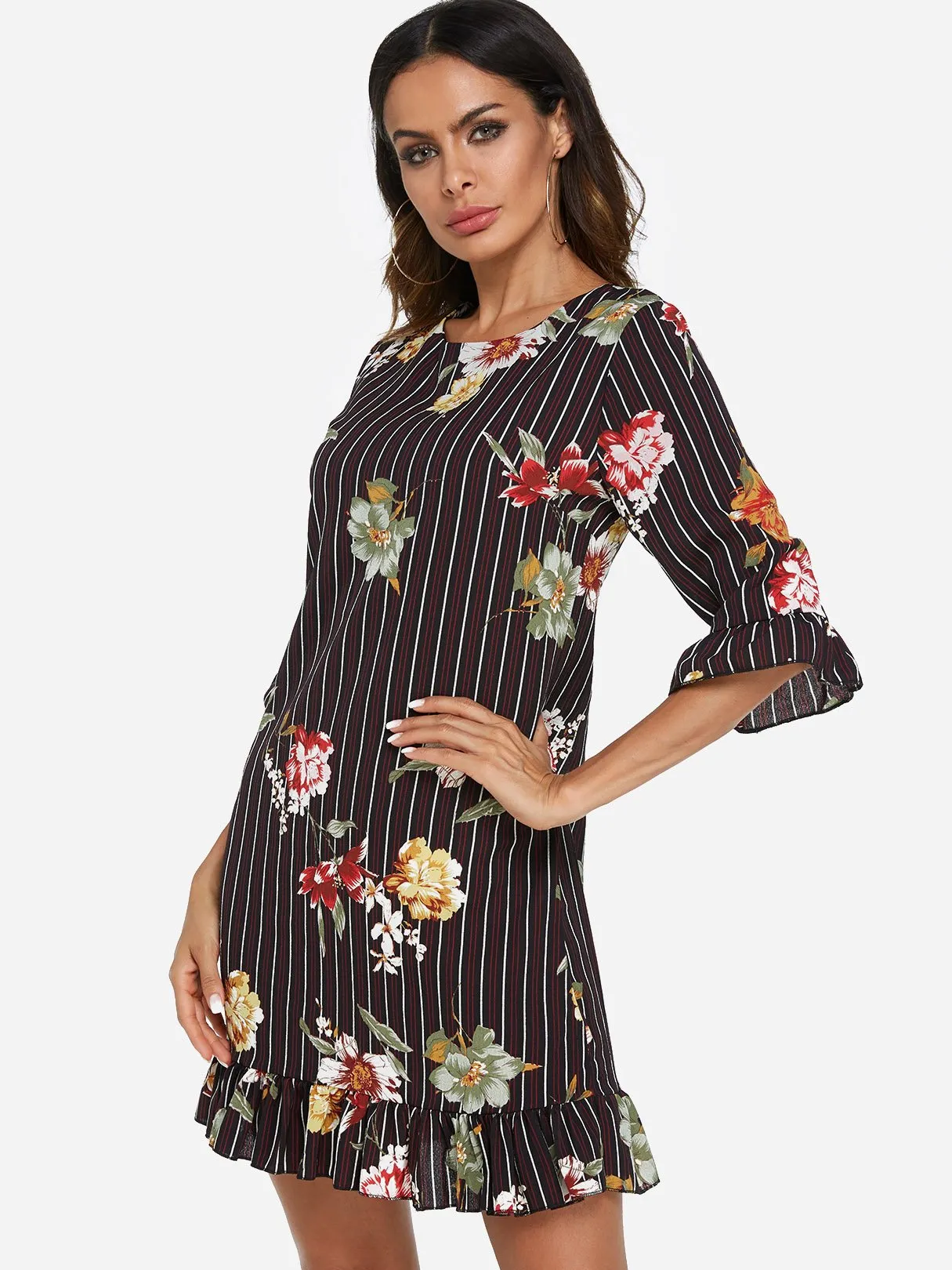 Wholesale Black Round Neck Half Sleeve Stripe Floral Print Zip Back Flounced Hem Dresses