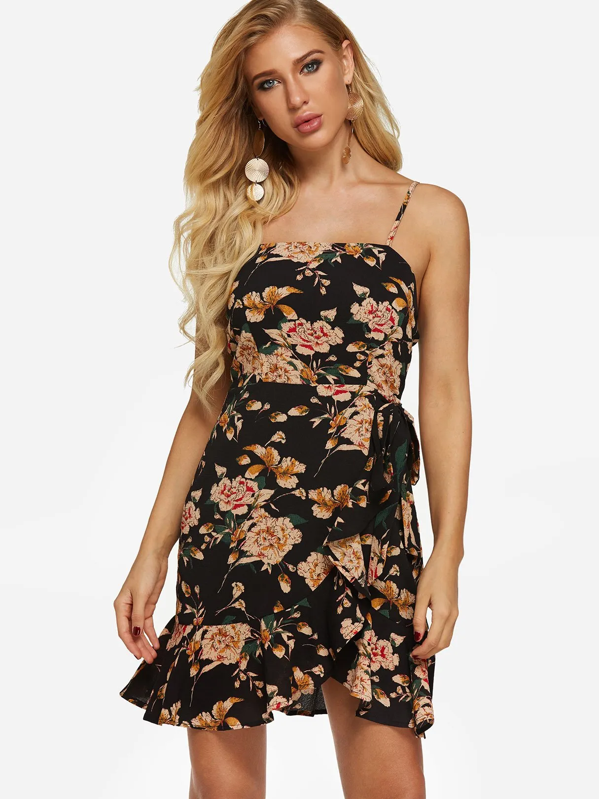 Wholesale Black Sleeveless Floral Print Backless Self-Tie Flounced Hem Dresses