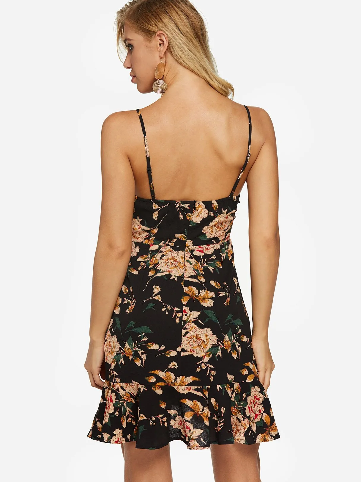 Wholesale Black Sleeveless Floral Print Backless Self-Tie Flounced Hem Dresses