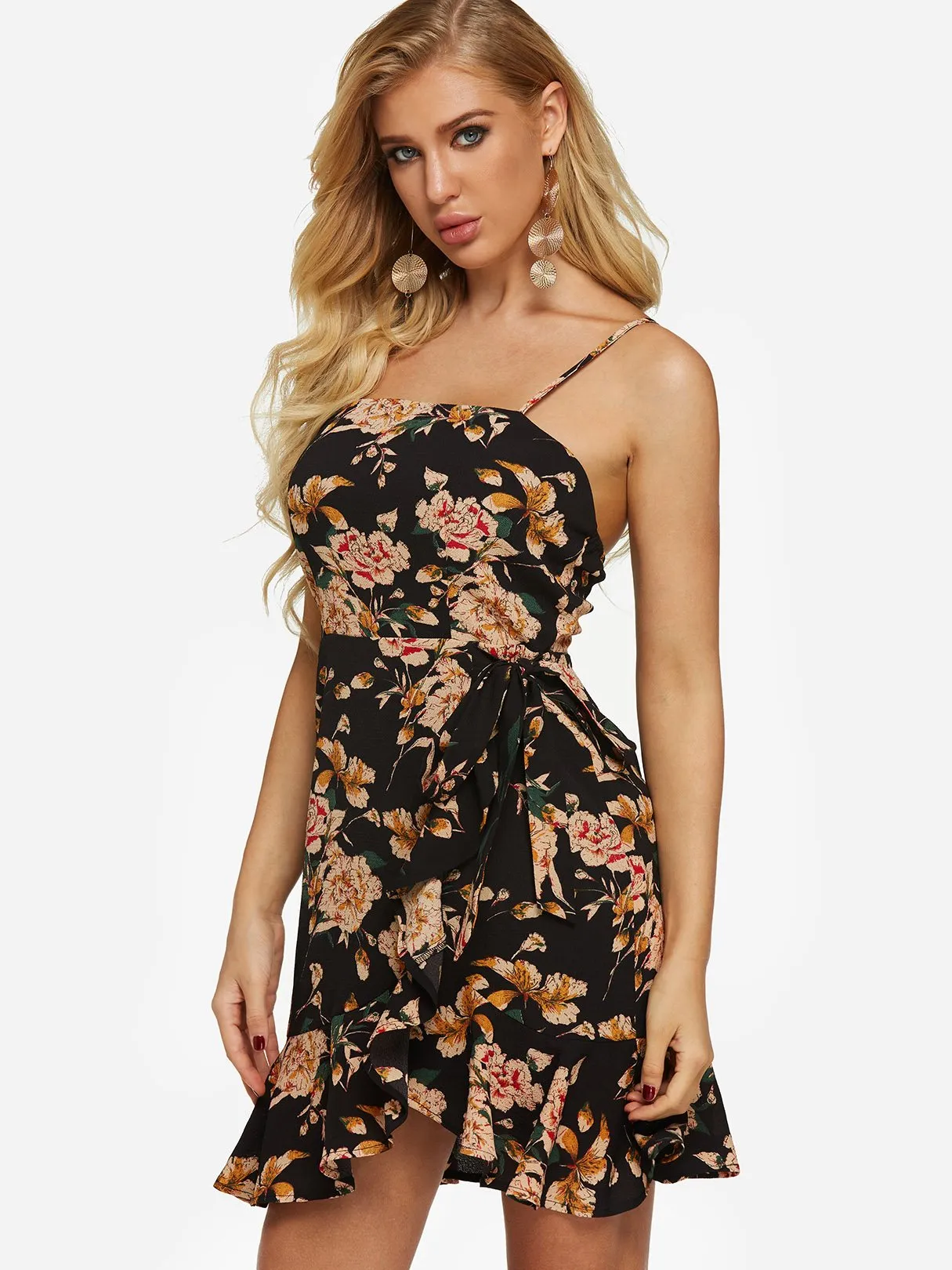 Wholesale Black Sleeveless Floral Print Backless Self-Tie Flounced Hem Dresses