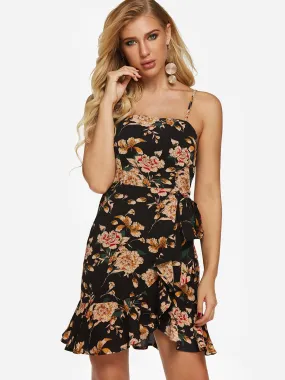 Wholesale Black Sleeveless Floral Print Backless Self-Tie Flounced Hem Dresses